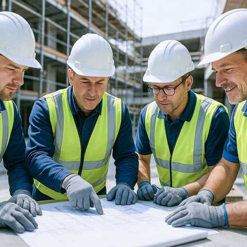Die Fachkraft für Arbeitssicherheit der IHS bespricht Schutzmaßnahmen auf einer Baustelle.