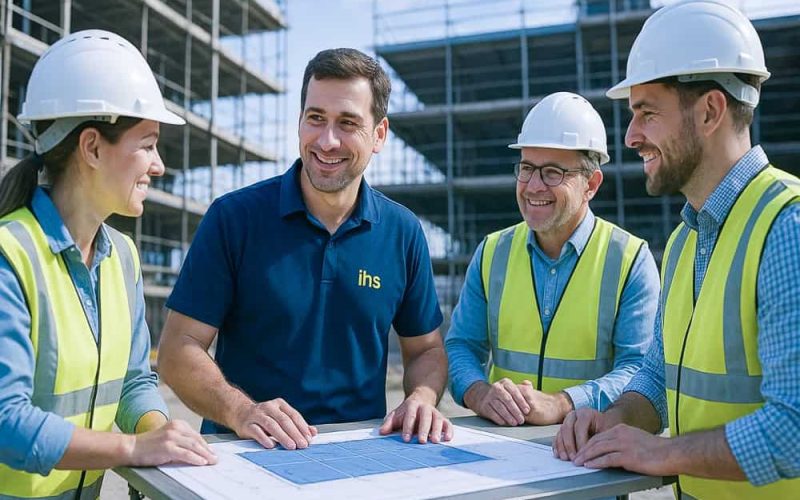 Fachkraft für Arbeitssicherheit der Fa. IHS beschreibt eine Arbeitsschutzmaßnahme auf einer Baustelle