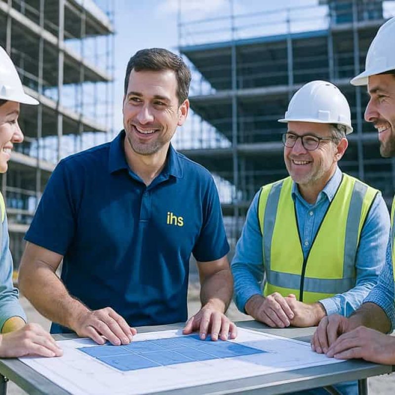 Fachkraft für Arbeitssicherheit der Fa. IHS beschreibt eine Arbeitsschutzmaßnahme auf einer Baustelle