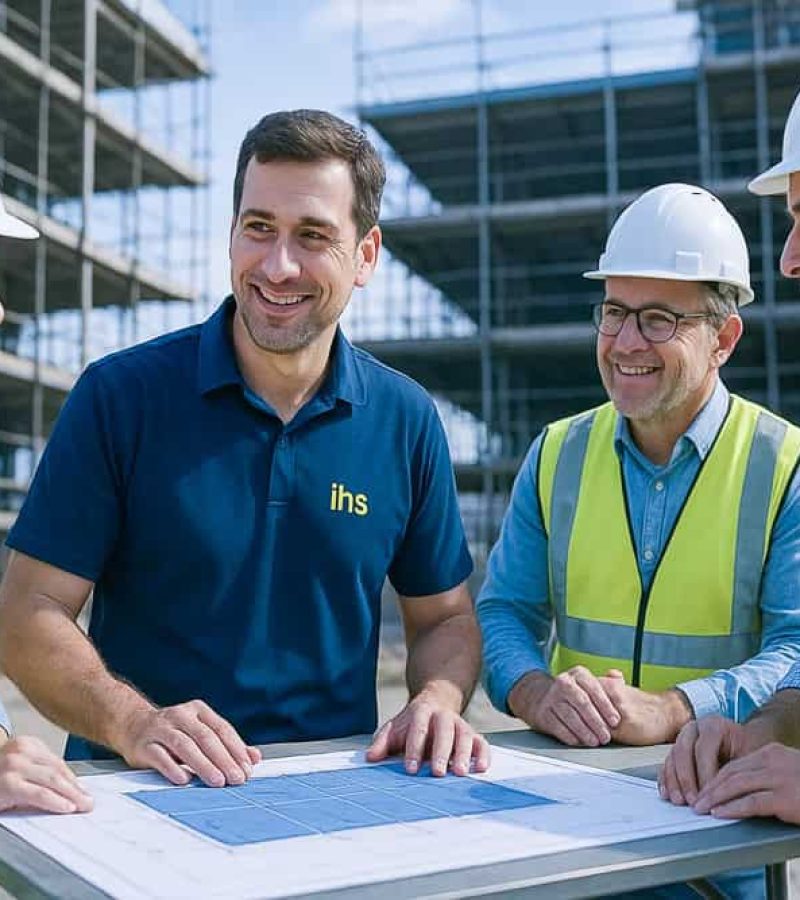 Fachkraft für Arbeitssicherheit der Fa. IHS beschreibt eine Arbeitsschutzmaßnahme auf einer Baustelle