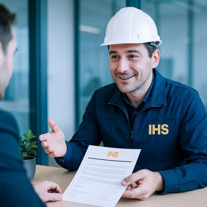 Mitarbeiter der IHS mit Schutzhelm er-klärt Vertragsunterla-gen im persönlichen Beratungsgespräch