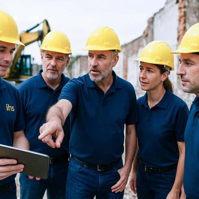 IHS-Mitarbeiter koor-dinieren Arbeitsab-läufe bei einer Baustellenbespre-chung vor Ort