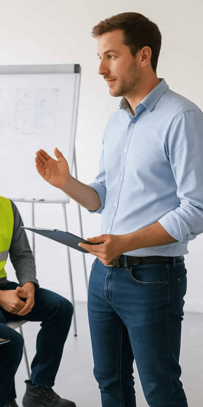 Schulungssituation mit Referenten zu Arbeitssicherheit der Firma IHS GmbH am Flipchart und Tablet in einem hellen Raum.