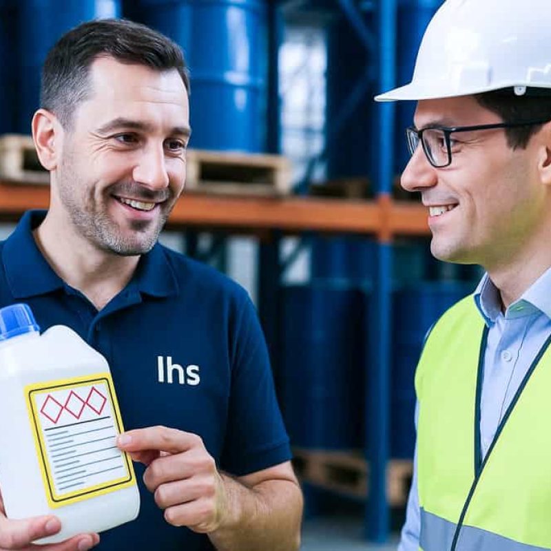 Eine Fachkraft für Arbeitssicherheit der IHS GmbH berät einen Kunden zu Gefahrstoffen.